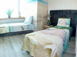 a bedroom with two beds and a window at Thuis op Flakkee in Ooltgensplaat