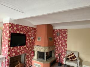 a living room with a fireplace and a flat screen tv at Natur& Waldhotel Johannesruh in Wesenberg