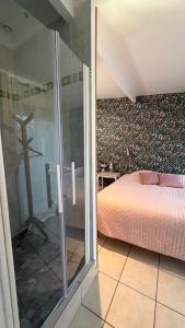 a bedroom with a bed and a glass shower at La Colombe in Vienne
