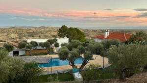 a villa with a swimming pool with trees and a view at El Olivar de la Solana in Castril