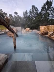 a pool of water with a bridge in it at CASA DO AVÒ in Castrelo de Miño