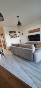 a living room with a couch and a flat screen tv at PIANISSIMO in Krakow