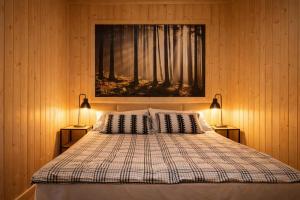 a bedroom with a bed with two lamps on it at Apartamenty Leśna Przystań nad jeziorem in Węgorzewo