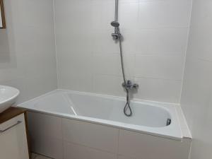 a bath tub in a bathroom with a shower at QuietApt Vienna in Vienna +1 photo