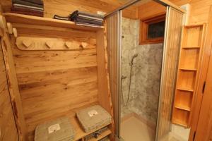 a bathroom with a shower in a wooden wall at Chalet du Cerf dans un cadre de verdure in Gerbépal