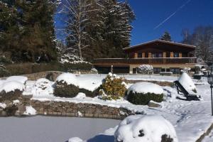 a snow covered yard with a house in the background at Chalet du Cerf dans un cadre de verdure in Gerbépal +5 photos