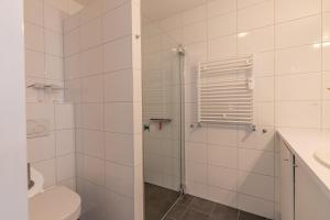a bathroom with a shower and a toilet and a sink at Seinpost Appartment in Callantsoog
