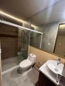 a bathroom with a toilet and a shower and a sink at Mangle09 in Puerto Vallarta