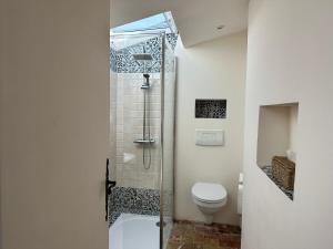 a bathroom with a toilet and a glass shower at Chambre D'hôte La Beaudine in Forcalquier +41 photos