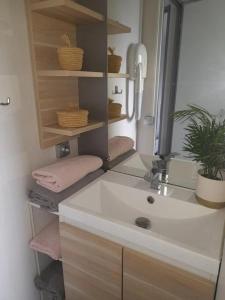 a bathroom with a sink and a mirror at ZEcamping 3 étoiles avec piscine chauffée - bar et restaurant in Pézenas