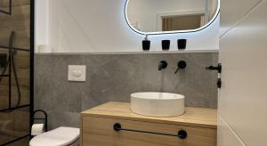 a bathroom with a sink and a mirror at Hotel zur Post Dabringhausen - Quiet Business Hotel near Cologne and Dusseldorf Trade Fairs in Wermelskirchen +33 photos