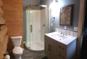 a bathroom with a shower and a toilet and a sink at Cougar Mountain Lodge and Resort Cabin Rentals in Valemount +62 photos