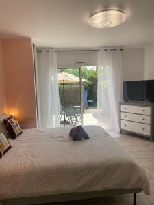 a bedroom with a bed and a television and a patio at Villa Sole Flats in Saint Paul de Vence +20 photos
