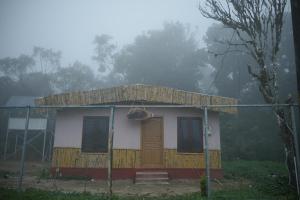 a small house with a wooden roof and a door at Fogveilhomestay in Idukki