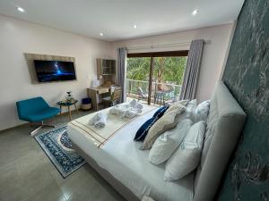 a bedroom with a large bed with a large window at Dos Lunas Aparthotel in J. E. Estigarribia