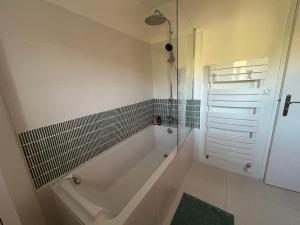 a bathroom with a shower and a bath tub at Les Sternes in Telgruc-sur-Mer +26 photos