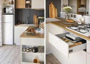 two pictures of a kitchen with white cabinets and a stove at Camping 4 etoiles - Espace aquatique - 500m plage - ccagefg in Portiragnes