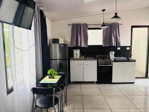 a kitchen with a stove and a table with chairs at Casa Mia in Sámara