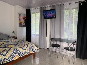 a bedroom with a bed and a table and a tv at Casa Mia in Sámara