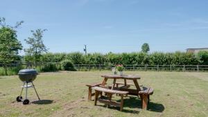 a grill and a picnic table in a field at Hill View Rise in Chipping Campden