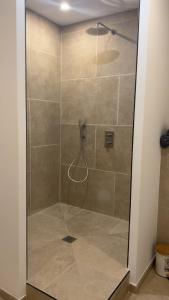 a shower with a glass door in a bathroom at Jardin eden88 in Saint Die