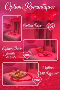 a collage of four pictures of a pink bedroom at Jardin eden88 in Saint Die