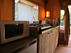 a kitchen with a microwave and a stove top oven at ZEcamping 3 étoiles pet friendly en bord de rivière avec une plage de sable in Jumilhac-le-Grand