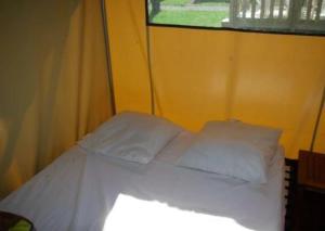 a bed with two pillows in a room with a window at ZEcamping 3 étoiles dog friendly piscine chauffée en bordure de l'Allier in Lespéron