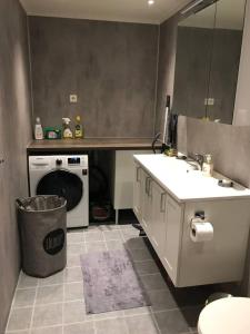 a bathroom with a sink and a washing machine at Koselig og praktisk studioleilighet in Svolvær