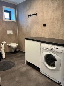 a washing machine in a bathroom with a toilet at Sentral toppleilighet 3.etg 4 pers in Svolvær +27 photos