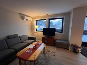 a living room with a couch and a television at Sentral toppleilighet 3.etg 4 pers in Svolvær