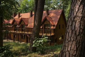 a large wooden house in the woods with trees at Leśna Przystań apartamenty dwupoziomowe nad jeziorem in Węgorzewo
