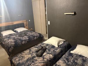 two beds in a hotel room with a dog laying on them at Hôtel du Centre in Gueugnon