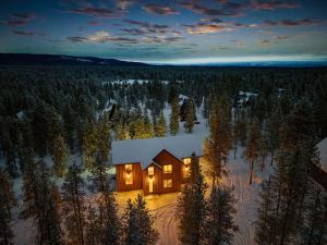 an aerial view of a house in the woods at night at The Dacha in Island Park