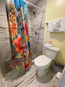 a bathroom with a toilet and a shower curtain at Bavarian Brook Unit 3 in Helen