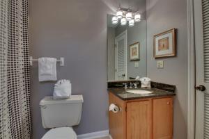 a bathroom with a toilet and a sink and a mirror at Rivers Edge 703 in Helen