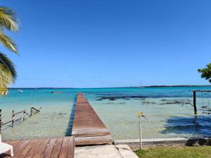 a dock in the water with a view of the ocean at Departamentos Blue Bacalar in Bacalar