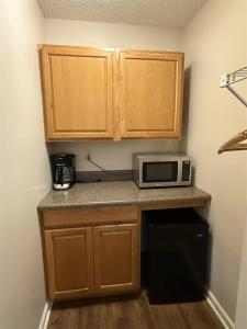 a kitchen with wooden cabinets and a microwave on a counter at Rivers Edge 803B in Helen