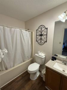 a bathroom with a toilet and a shower and a sink at Rivers Edge 803B in Helen