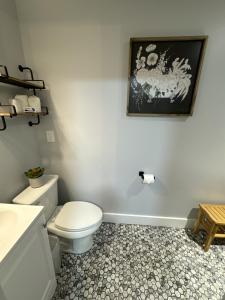 a bathroom with a toilet and a picture on the wall at Rivers Edge 703c in Helen