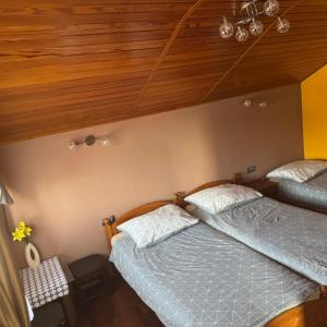 two twin beds in a bedroom with wooden ceilings at Zielona zagroda in Przyborów
