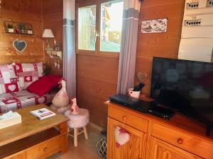 a living room with a tv and a couch at Chalet dans le parc régional du Haut-Jura in Saint-Laurent-en-Grandvaux