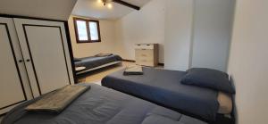 a bedroom with two beds and a mirror at Gîte des sources in Salbert