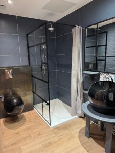 a bathroom with a sink and a shower at Casa di a Volpe in Corte +33 photos