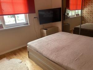 a bedroom with a bed and a flat screen tv at Kihulase maja in Luigu