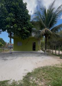 a green house with a palm tree in front of it at pousada Bela Rosa in Santa Cruz Cabrália