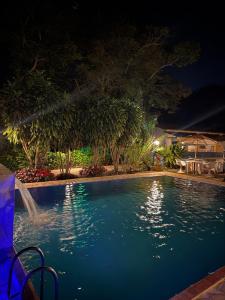 a swimming pool at night with a fountain at Pousada das Brumas in Brumadinho +68 photos