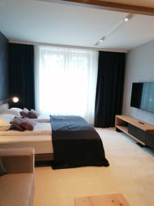 a bedroom with a bed and a large window at WOODSIDE SPA AND PARKING 323 Kopaonik011 in Kopaonik +4 photos