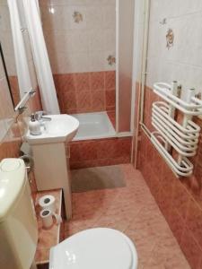 a bathroom with a toilet and a sink and a tub at A-Piramida in Wrocław