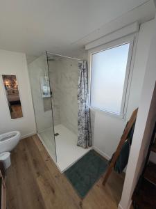 a bathroom with a shower and a toilet and a window at Ocean Lodge Seignosse in Seignosse